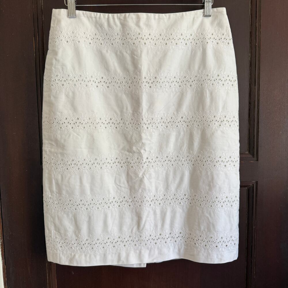 TALBOTS White Cotton Eyelet Stripe Pencil Skirt 8 Preppy Beachy
